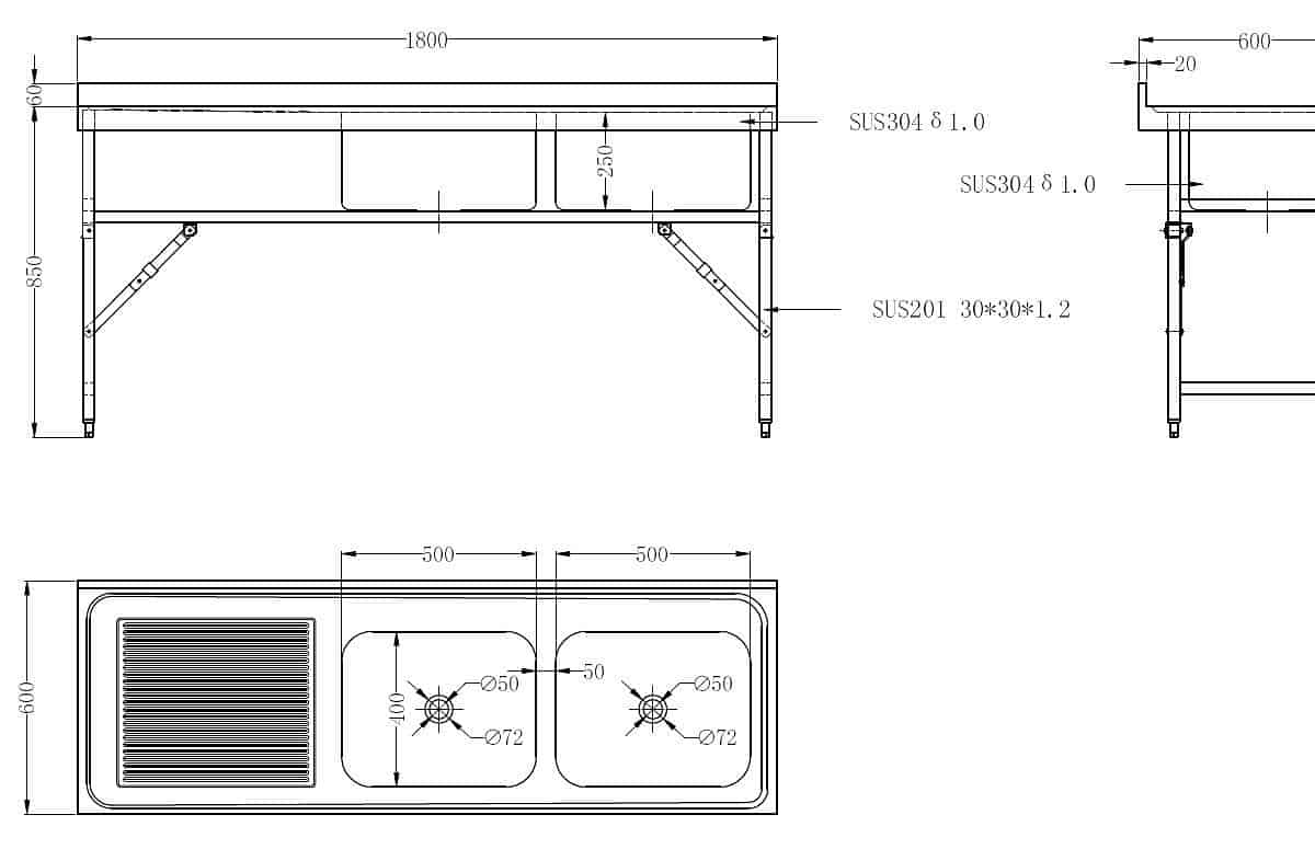 Dřezový stůl CS600 1800 2R skládací